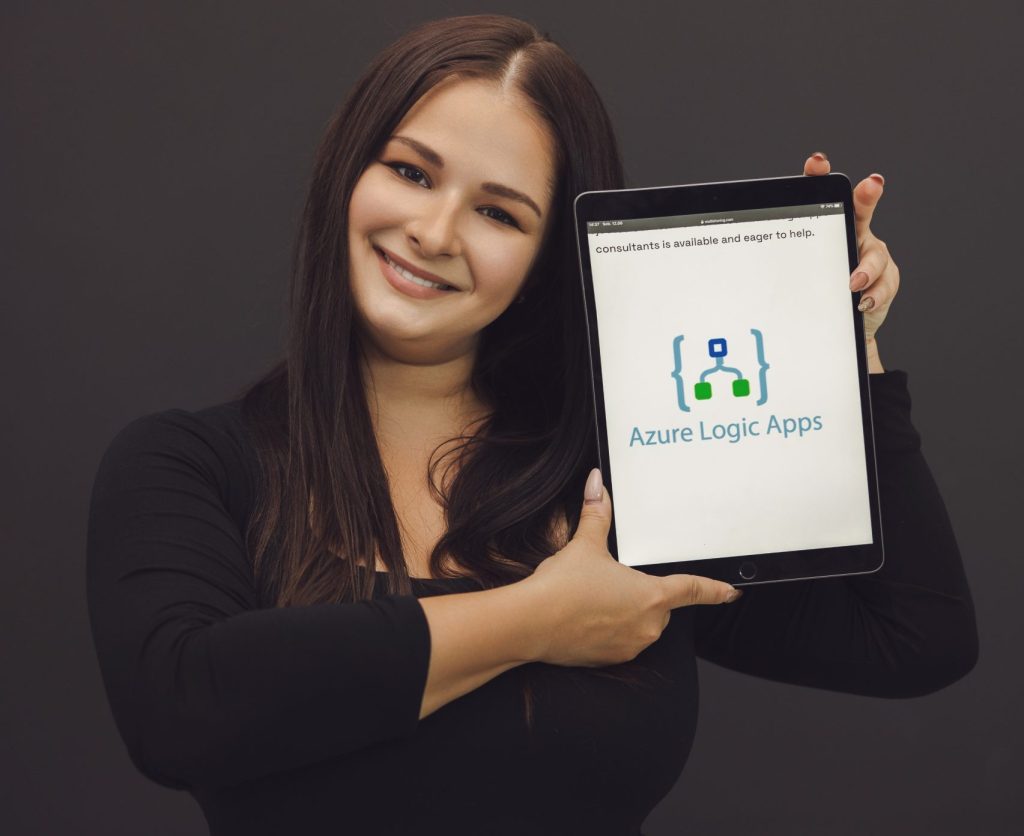 Multishoring consultant showcasing Azure Logic Apps integration solutions on a tablet