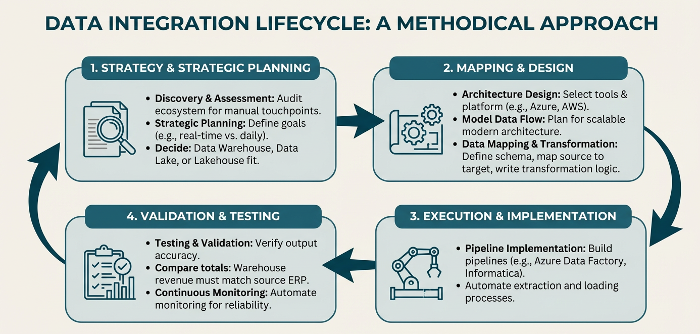 An infographic titled "Data Integration Lifecycle: A Methodical Approach" illustrates a continuous four-step loop. The process begins with Strategy & Strategic Planning (auditing ecosystems and defining goals), moves to Mapping & Design (selecting architecture and modeling data flow), proceeds to Execution & Implementation (building pipelines and automating extraction), and concludes with Validation & Testing (verifying accuracy and monitoring reliability) before the cycle repeats.