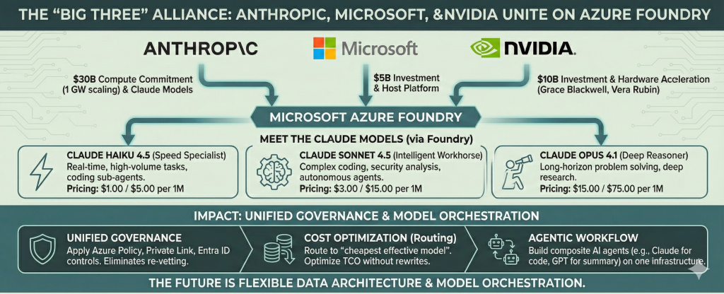 Infographic illustrating the 'Big Three' Alliance between Anthropic, Microsoft, and NVIDIA focused on the Microsoft Azure Foundry platform. The graphic shows three inputs feeding into a central cloud hub: Anthropic providing Claude models (Haiku 4.5, Sonnet 4.5, Opus 4.1) with a $30B compute commitment; Microsoft providing Azure Infrastructure and Security with a $5B investment; and NVIDIA providing Hardware Acceleration (Grace Blackwell, Vera Rubin) with a $10B investment. The bottom section details three key impacts: 1. Unified Governance (Azure Policy, Private Link), 2. Cost Optimization via routing, and 3. The 'Agentic' Workflow (Composite AI Agents). A footer notes availability in East US 2 and West US regions.