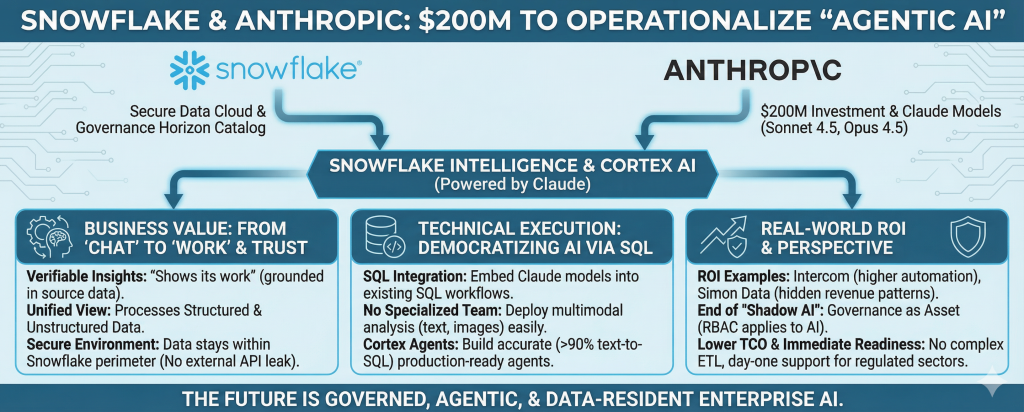 The visual illustrates the partnership structure where Snowflake's Secure Data Cloud and Anthropic's Claude Models (Sonnet 4.5, Opus 4.5) combine to power 'Snowflake Intelligence & Cortex AI'. The graphic details three key impact areas: 1. Business Value (verifiable insights and secure environments), 2. Technical Execution (democratizing AI via SQL integration and Cortex Agents), and 3. Real-World ROI (examples like Intercom and the end of 'Shadow AI'). The footer reads: 'The Future is Governed, Agentic, & Data-Resident Enterprise AI.'
