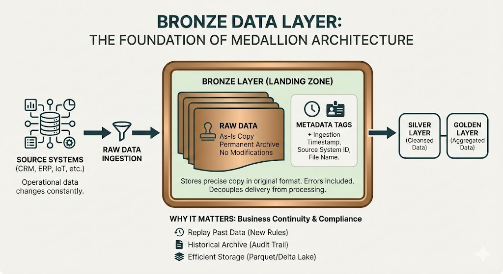 A flow diagram of the Medallion Architecture highlighting the Bronze Layer. It shows data moving from Source Systems into the Bronze Layer, where it is stored as an immutable "As-Is" copy with added metadata tags, before moving to the Silver and Golden layers. Key benefits listed include business continuity, compliance, and historical archiving.