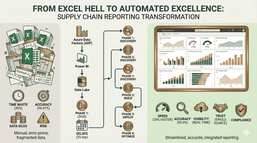 Infographic titled "From Excel Hell to Automated Excellence: Supply Chain Reporting Transformation" comparing manual spreadsheet processes with automated ADF pipelines. The left side depicts "Excel Hell" as a chaotic pile of spreadsheets, citing problems like 30% time waste, data silos, and 96-97% accuracy. The center illustrates the transformation architecture using Azure Data Factory, Power BI, and Data Lake, moving through a 4-phase roadmap (Discovery, Build, Deploy, Optimize). The right side shows "Automated Excellence" featuring a clean Power BI dashboard on a tablet, highlighting key benefits: 35% faster speed, 99.9% accuracy, real-time visibility, and single-source trust.