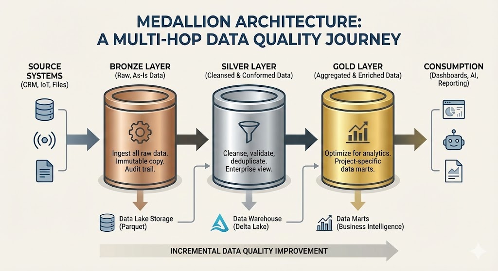 A diagram of the Medallion Architecture showing the "Multi-hop" data flow. It illustrates data moving from Source Systems through the Bronze (Raw), Silver (Cleansed), and Gold (Aggregated) layers, finally reaching Data Consumption. The graphic highlights how data quality incrementally improves at each stage of the pipeline.