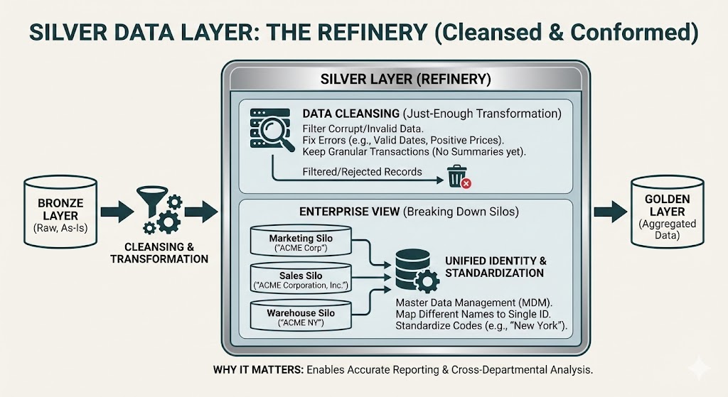 A flow diagram of the Medallion Architecture's Silver Layer. It shows raw data from the Bronze Layer undergoing "Cleansing & Transformation" to enter the Silver Layer. Inside, data is cleansed ("Just-Enough Transformation," fixing errors) and unified into an "Enterprise View" by breaking down silos (Marketing, Sales, Warehouse) and standardizing data through Master Data Management. The refined data then moves to the Golden Layer. The key benefit is enabling accurate, cross-departmental reporting.