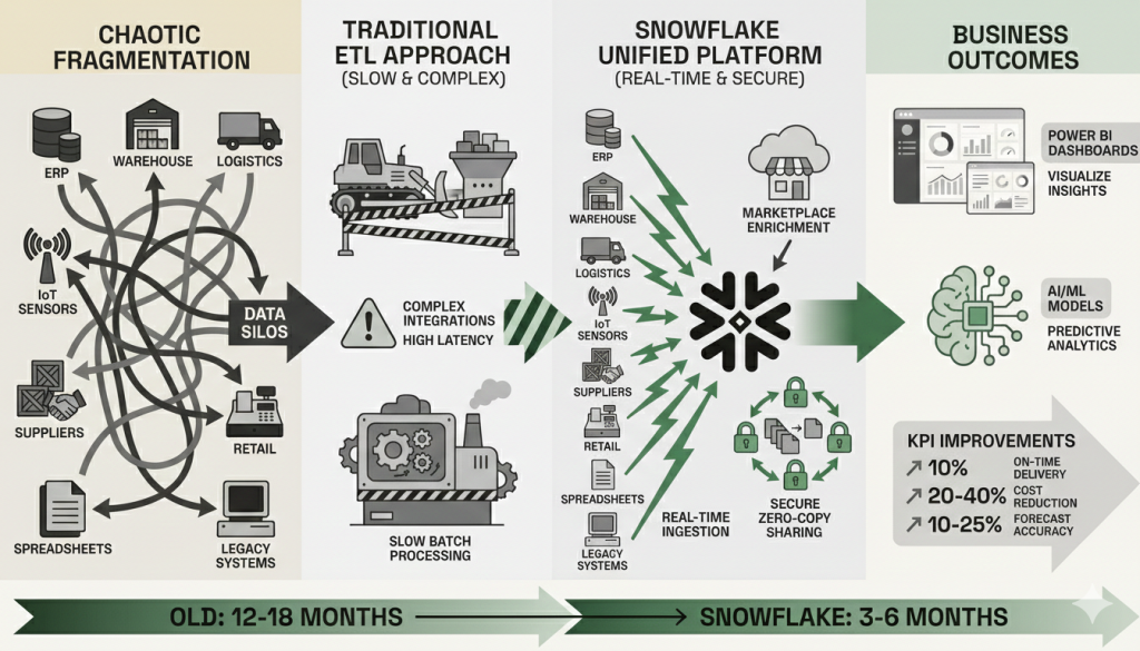 Horizontal infographic illustrating the transformation of supply chain data from chaotic legacy silos to a unified Snowflake platform. The flow is divided into four stages using a professional palette of earth tones, greens, and soft grays: Chaotic Fragmentation; Traditional ETL Approach; Snowflake Unified Platform; Business Outcomes.
A timeline at the bottom contrasts the speed of implementation: 'Old: 12-18 Months' vs 'Snowflake: 3-6 Months'."