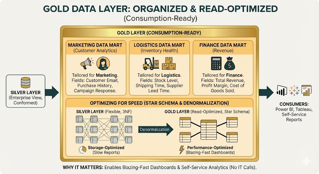 A flow diagram of the Medallion Architecture's Gold Layer. It shows data moving from the Silver Layer into the Gold Layer, where it is organized into tailored Data Marts (Marketing, Finance, Logistics) using a read-optimized Star Schema. This structure feeds into fast, self-service business intelligence dashboards, enabling users to generate reports without IT assistance.