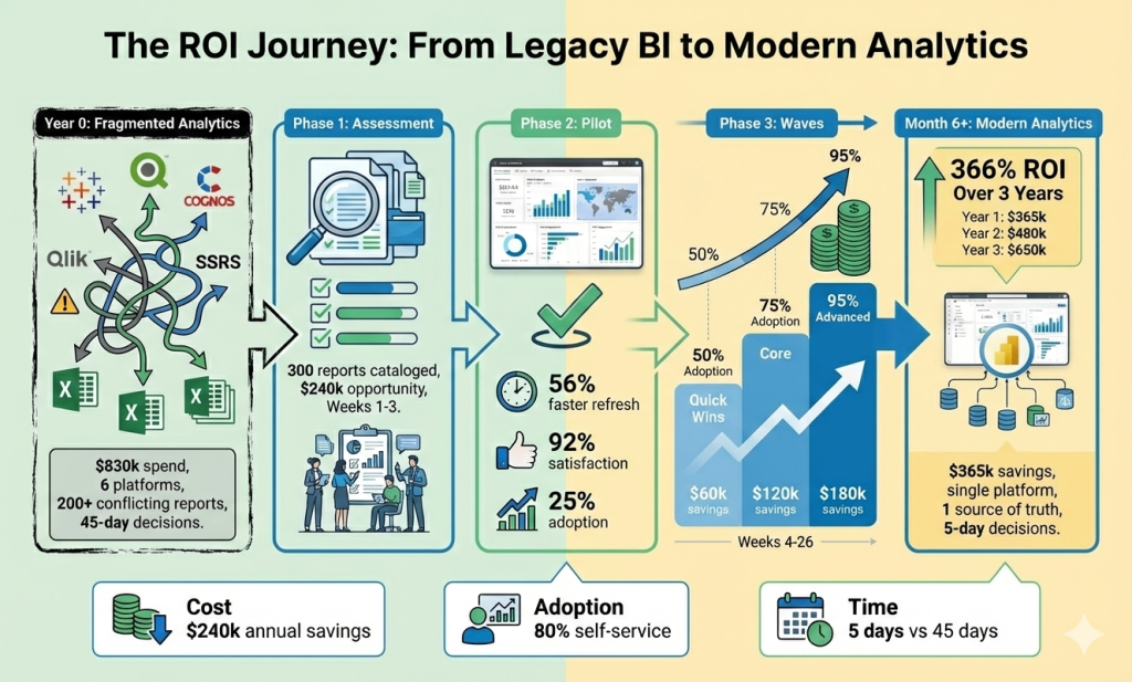 INFOGRAPHIC: "The ROI Journey: From Legacy BI to Modern Analytics" - Left side shows chaotic fragmented legacy BI (scattered Tableau, Qlik, Cognos, SSRS, Excel icons with confused arrows), labeled 'Year 0: Fragmented Analytics' with metrics box showing '$830k spend, 6 platforms, 200+ conflicting reports, 45-day decisions.' Center-left shows Phase 1 assessment (magnifying glass, checkboxes, '300 reports cataloged, $240k opportunity, Weeks 1-3'). Center shows Phase 2 pilot (checkmark, small Power BI dashboard, '56% faster refresh, 92% satisfaction, 25% adoption'). Center-right shows Phase 3 waves (three colored blocks for Quick Wins/Core/Advanced with 50%→75%→95% adoption meter and growing cost savings $60k→$120k→$180k). Right side shows unified Power BI platform, Month 6+ with final metrics ($365k savings, single platform, 1 source of truth, 5-day decisions) and large prominent ROI callout: '366% ROI Over 3 Years - Year 1: $365k, Year 2: $480k, Year 3: $650k.' Bottom shows 3 outcome boxes with icons: Cost ($240k annual savings), Adoption (80% self-service), Time (5 days vs 45 days). 