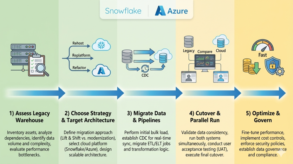 Infographic titled 'Snowflake | Azure' at the top, illustrating a five-step data warehouse migration journey from legacy systems to the cloud. The visual is a horizontal timeline with a blue arrow connecting five distinct stages, set against a gradient background that transitions from green to yellow.

The first stage on the far left is '1) Assess Legacy Warehouse,' with icons of server racks, a clipboard with a checklist, and a magnifying glass. The text below reads: 'Inventory assets, analyze dependencies, identify data volume and complexity, evaluate performance bottlenecks.'

The second stage is '2) Choose Strategy & Target Architecture,' featuring a branching diagram with 'Rehost,' 'Replatform,' and 'Refactor' options leading to cloud icons for 'Snowflake' and 'Azure.' The descriptive text is: 'Define migration approach (Lift & Shift vs. modernization), select cloud platform (Snowflake/Azure), design scalable architecture.'

The third stage is '3) Migrate Data & Pipelines,' which shows data flowing between databases with a 'CDC' (Change Data Capture) loop icon. The text states: 'Perform initial bulk load, establish CDC for real-time sync, migrate ETL/ELT jobs and transformation logic.'

The fourth stage is '4) Cutover & Parallel Run,' depicting 'Legacy' and 'Cloud' databases connected to a comparison dashboard and user icons. The accompanying text reads: 'Validate data consistency, run both systems simultaneously, conduct user acceptance testing (UAT), execute final cutover.'

The fifth and final stage on the far right is '5) Optimize & Govern,' showing icons of a speedometer labeled 'Fast,' a stack of coins with a downward arrow, and a shield with a padlock. The final text block says: 'Fine-tune performance, implement cost controls, enforce security policies, establish data governance and compliance.